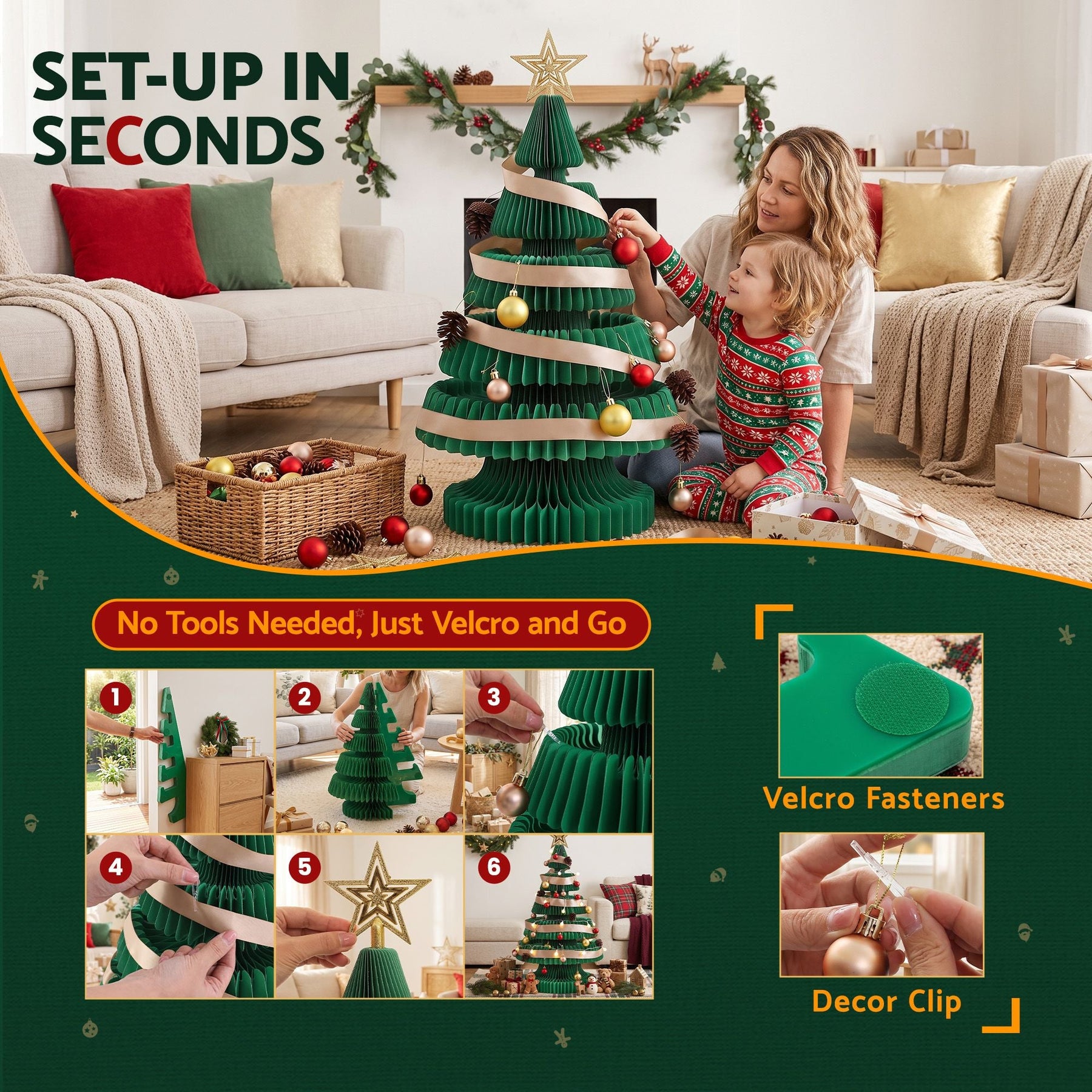 Jingle Jollys Paper Christmas Tree 87CM w/ Star Topper LEDs Xmas Decorations Kit Home Office Green - SportZone.co.nz
