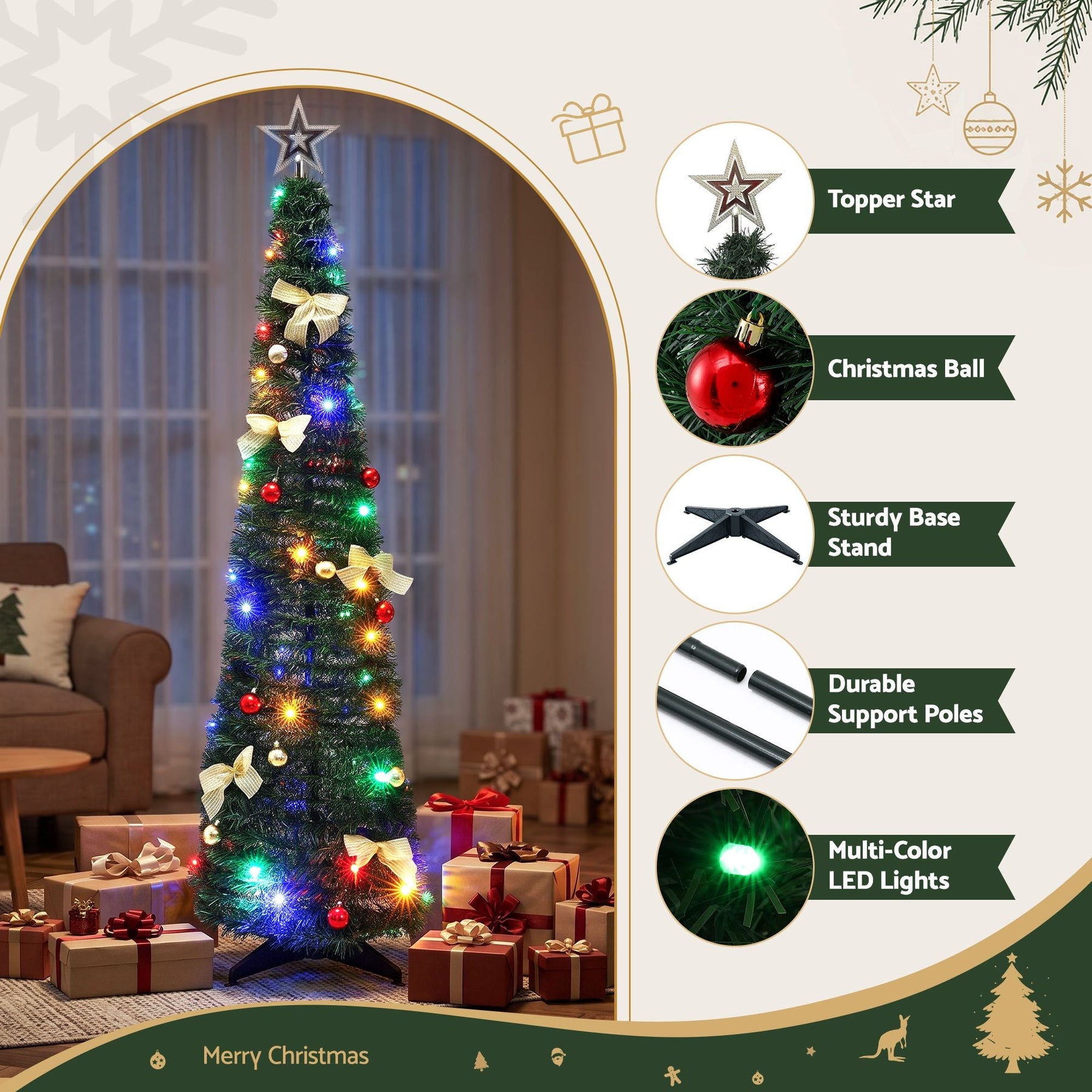 Jingle Jollys Pop Up Christmas Tree Pre Decorated Multicolour LED 155cm - SportZone.co.nz