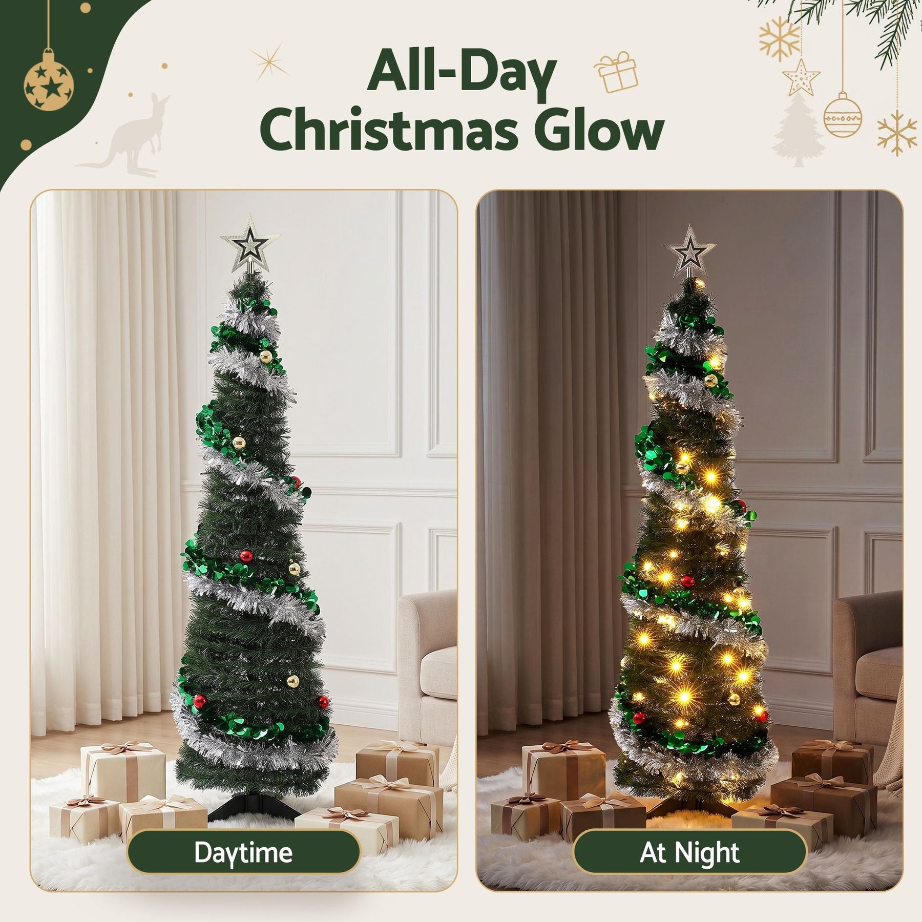 Jingle Jollys Pop Up Christmas Tree Pre Decorated Warm White LED 155cm - SportZone.co.nz