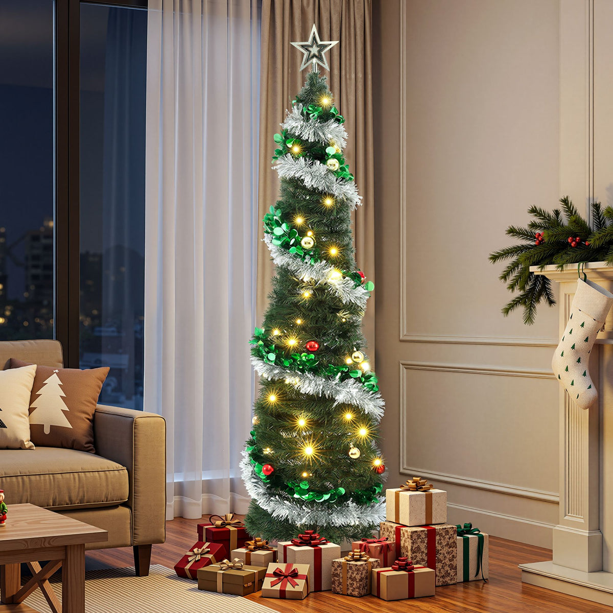 Jingle Jollys Pop Up Christmas Tree Pre Decorated Warm White LED 155cm - SportZone.co.nz