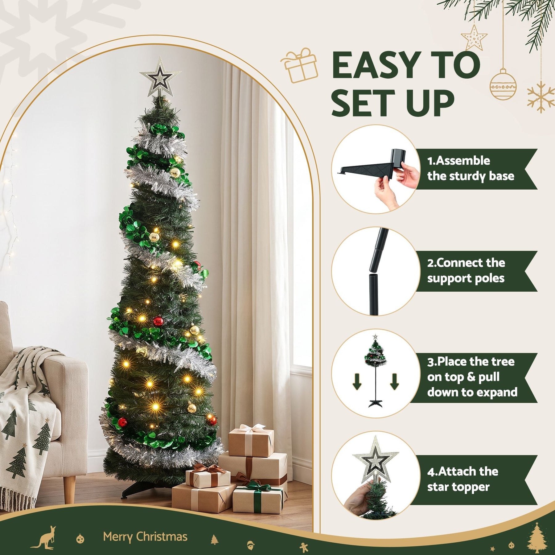 Jingle Jollys Pop Up Christmas Tree Pre Decorated Warm White LED 155cm - SportZone.co.nz