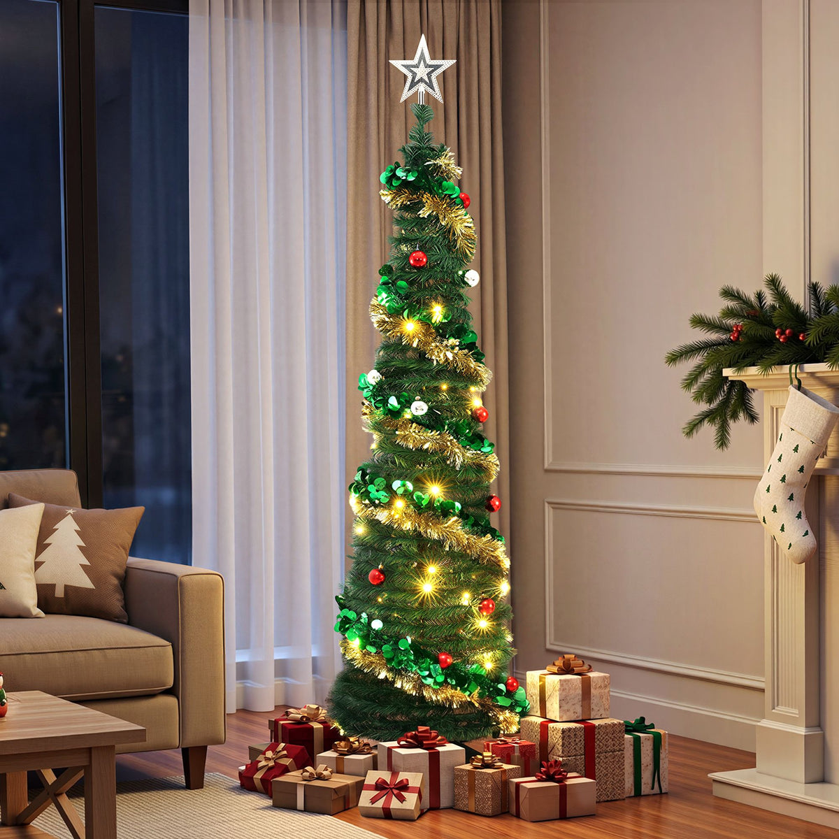Jingle Jollys Pop Up Christmas Tree Pre Decorated Warm White LED 160cm - SportZone.co.nz