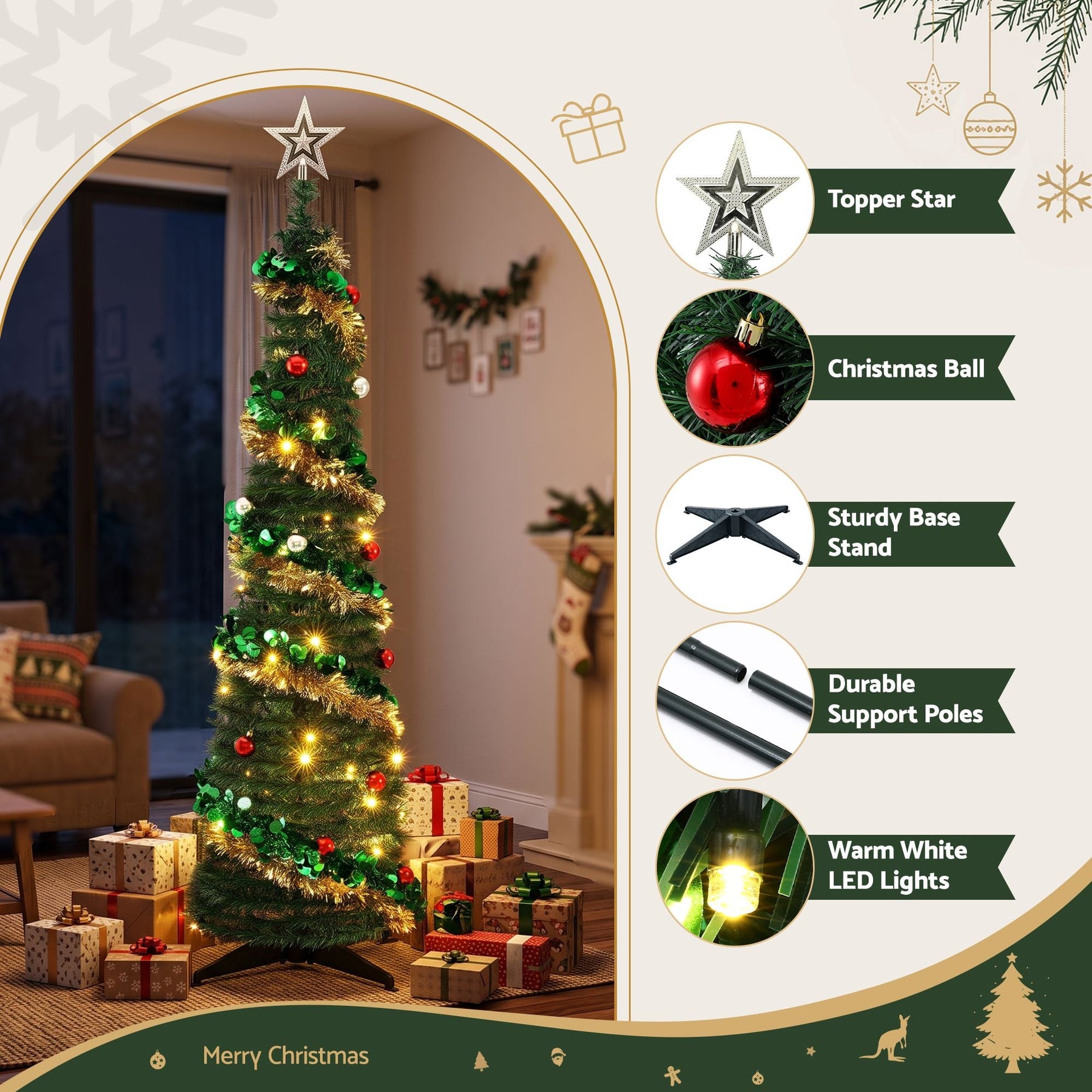 Jingle Jollys Pop Up Christmas Tree Pre Decorated Warm White LED 160cm - SportZone.co.nz