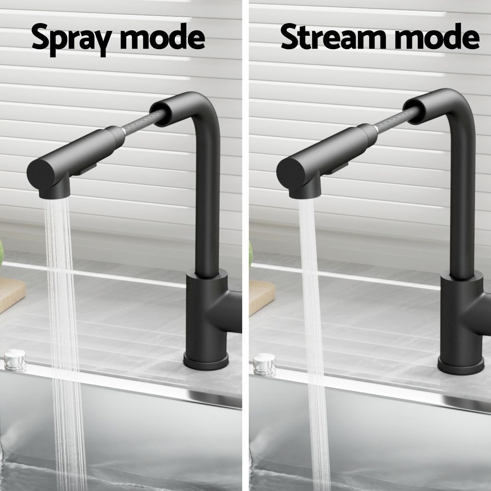Kitchen Mixer Tap Pull Out Rectangle 2 Mode Sink Basin Faucet Swivel WELS Black - SportZone.co.nz