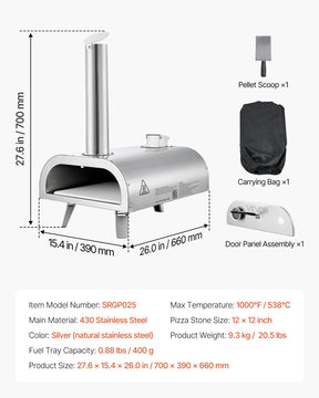 Pizza Oven Outdoor, 12" Pellet Pizza Oven, Portable Pizza-Stove with Built-in Thermometer, Wood Fired Stainless Steel Pizza-Maker, for Backyard, Camping, Pizza-Stone, Shovel, Carry Bag, Silver - SportZone.co.nz