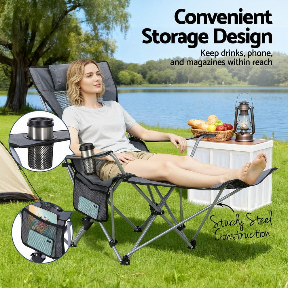 Weisshorn Camping Chair Adjustable Reclining Portable Outdoor Folding Chair Grey - SportZone.co.nz