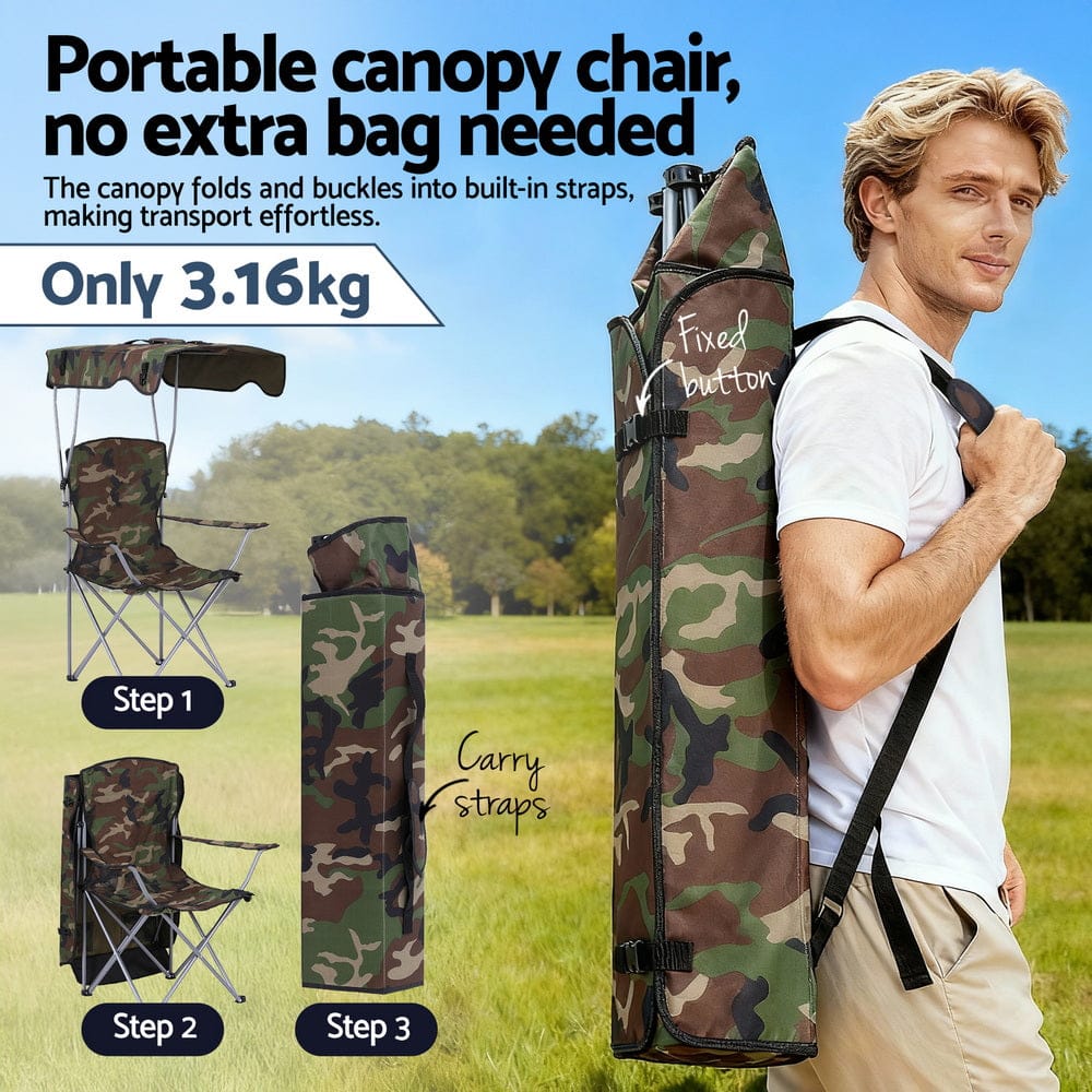 Weisshorn Camping Chair With Canopy Folding Outdoor Portable Seat Lightweight Beach Picnic Fishing Capacity 120KG Army Green - SportZone.co.nz