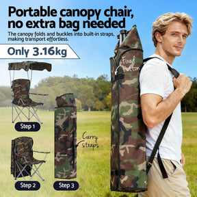 Weisshorn Camping Chair With Canopy Folding Outdoor Portable Seat Lightweight Beach Picnic Fishing Capacity 120KG Army Green - SportZone.co.nz
