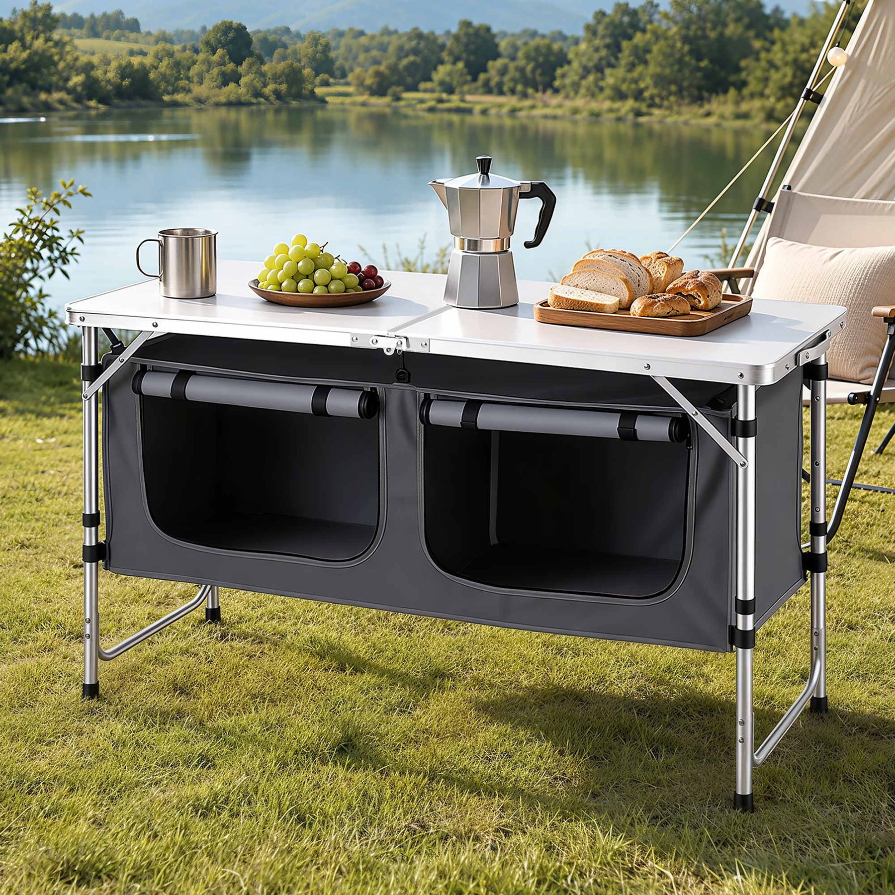 Weisshorn Camping Table Adjustable Storage Cabinet Aluminum MDF 120cm Grey - SportZone.co.nz