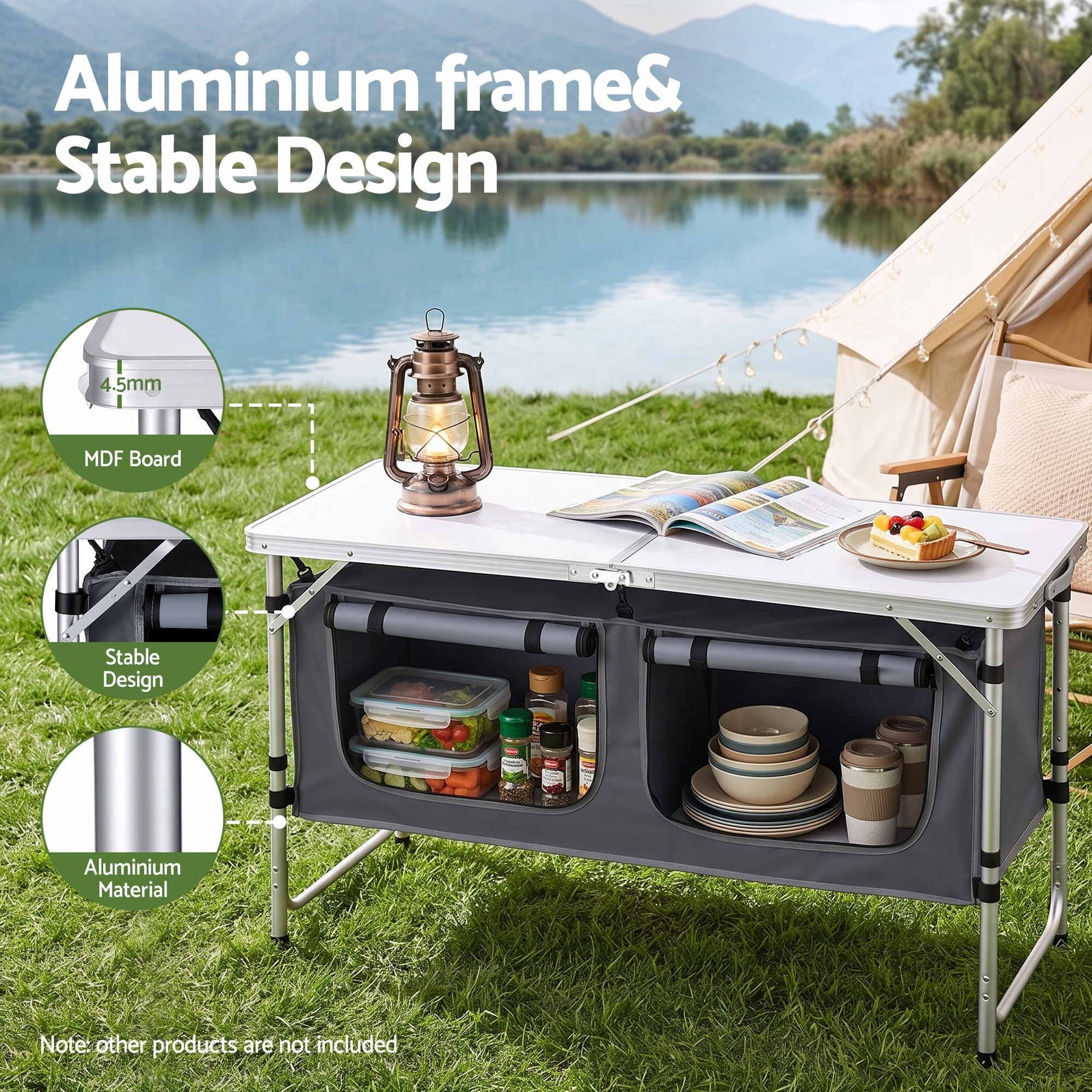Weisshorn Camping Table Adjustable Storage Cabinet Aluminum MDF 120cm Grey - SportZone.co.nz