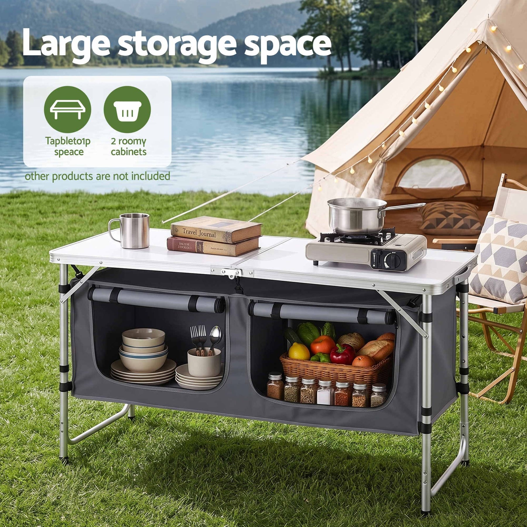 Weisshorn Camping Table Adjustable Storage Cabinet Aluminum MDF 120cm Grey - SportZone.co.nz