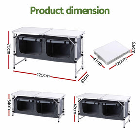 Weisshorn Camping Table Adjustable Storage Cabinet Aluminum MDF 120cm Grey - SportZone.co.nz
