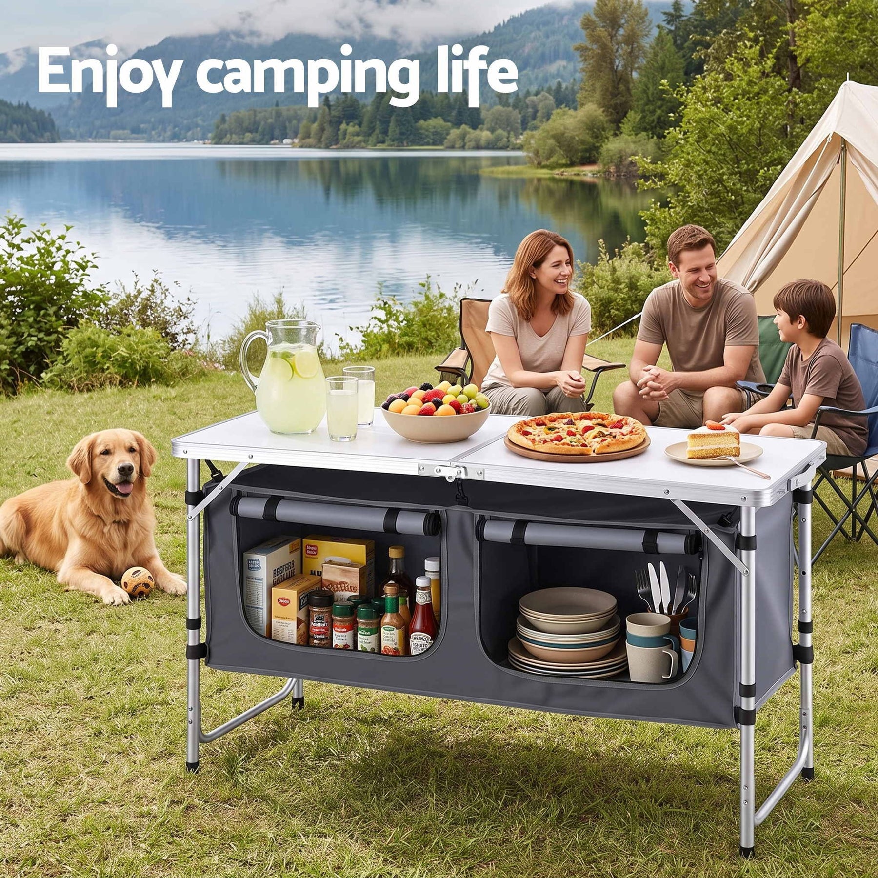 Weisshorn Camping Table Adjustable Storage Cabinet Aluminum MDF 120cm Grey - SportZone.co.nz