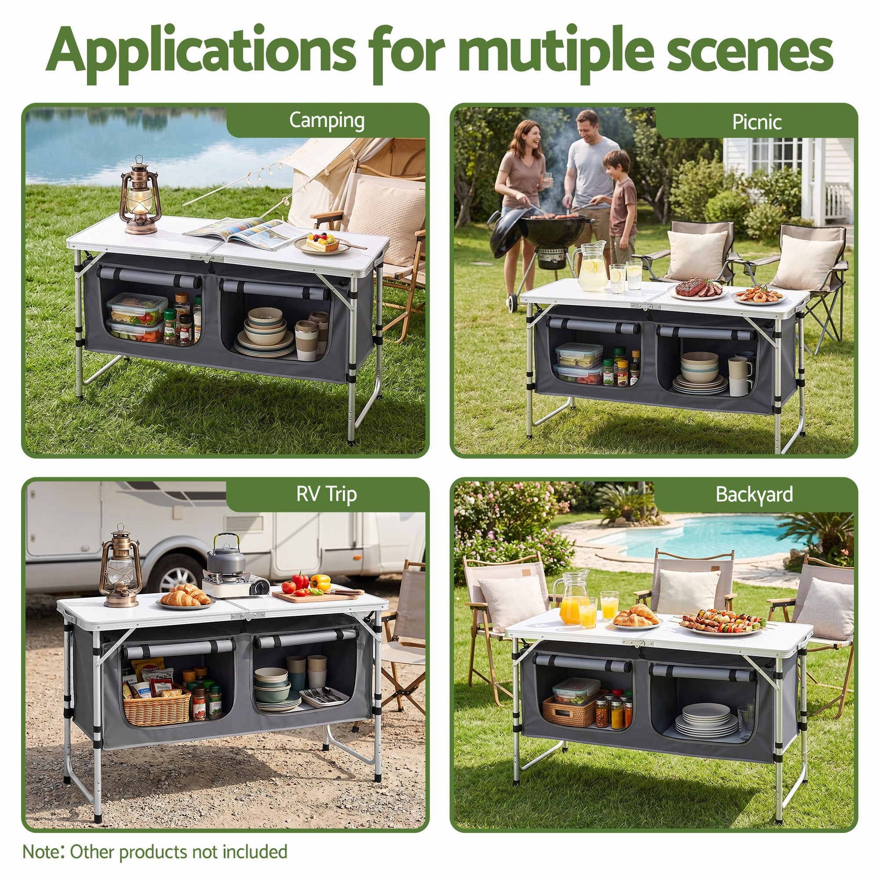 Weisshorn Camping Table Adjustable Storage Cabinet Aluminum MDF 120cm Grey - SportZone.co.nz