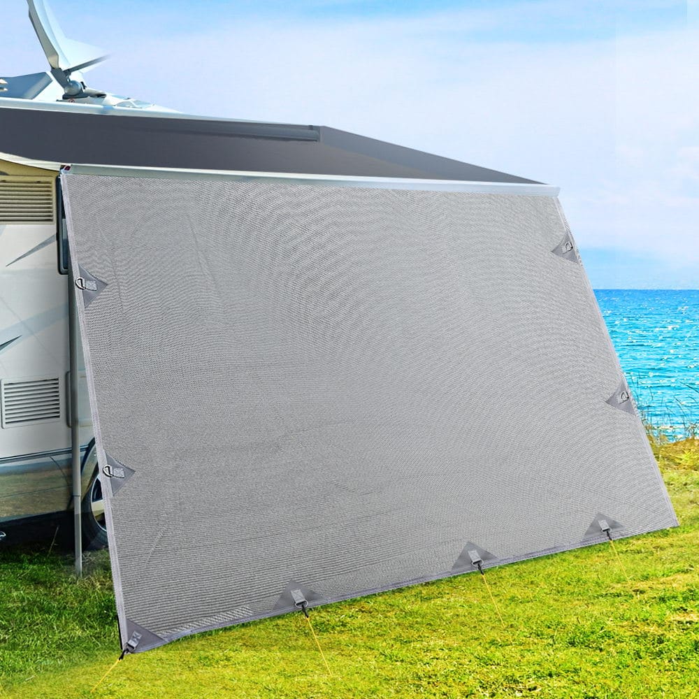 Caravan Privacy Screen Roll Out Awning 4.9x1.95M End Wall Side Sun Shade Grey - SportZone.co.nz