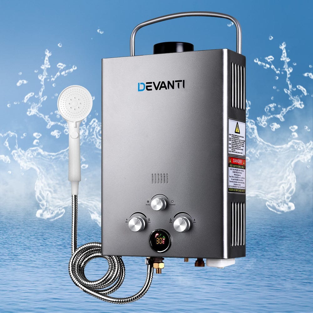 Devanti Portable Gas Water Heater 8L/Min With Pump LPG System Grey - SportZone.co.nz