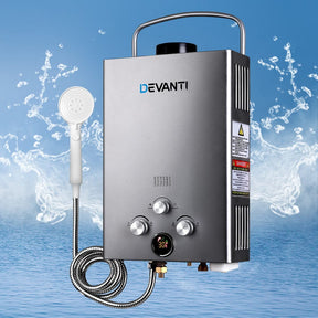 Devanti Portable Gas Water Heater 8L/Min With Pump LPG System Grey - SportZone.co.nz