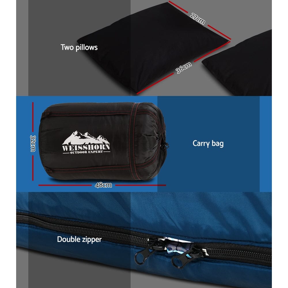 Weisshorn Sleeping Bag Double Pillow Thermal Camping Hiking Tent Blue - 10&deg;C - SportZone.co.nz