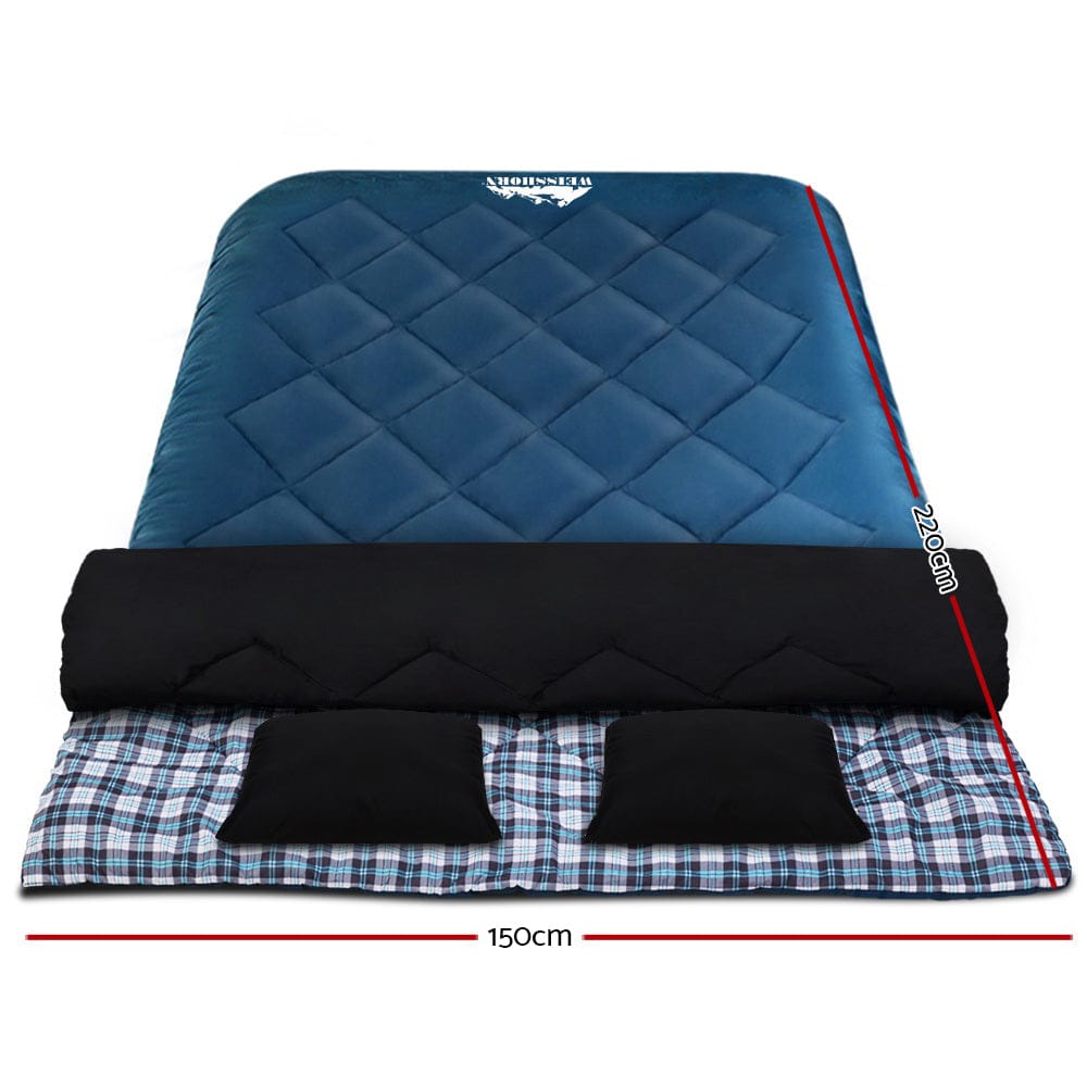 Weisshorn Sleeping Bag Double Pillow Thermal Camping Hiking Tent Blue - 10&deg;C - SportZone.co.nz