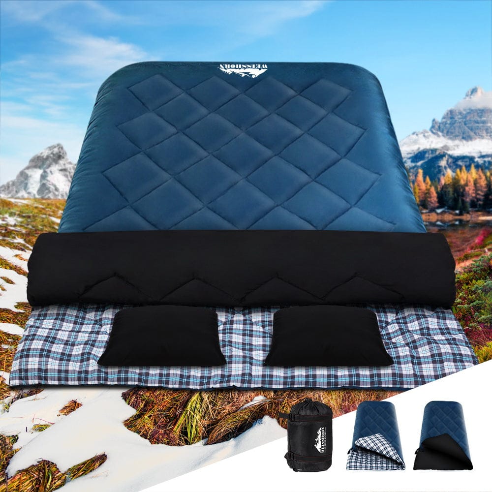 Weisshorn Sleeping Bag Double Pillow Thermal Camping Hiking Tent Blue - 10&deg;C - SportZone.co.nz