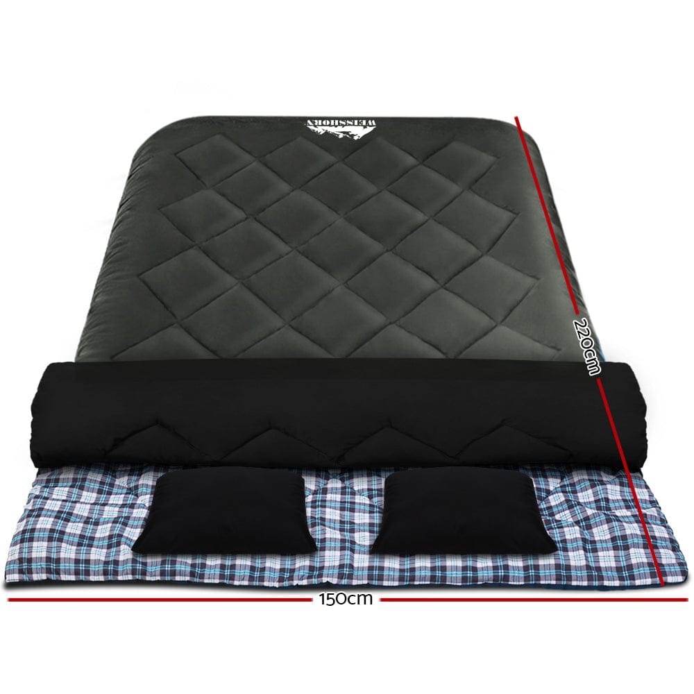 Weisshorn Sleeping Bag Double Pillow Thermal Camping Hiking Tent Grey - 10°C - SportZone.co.nz