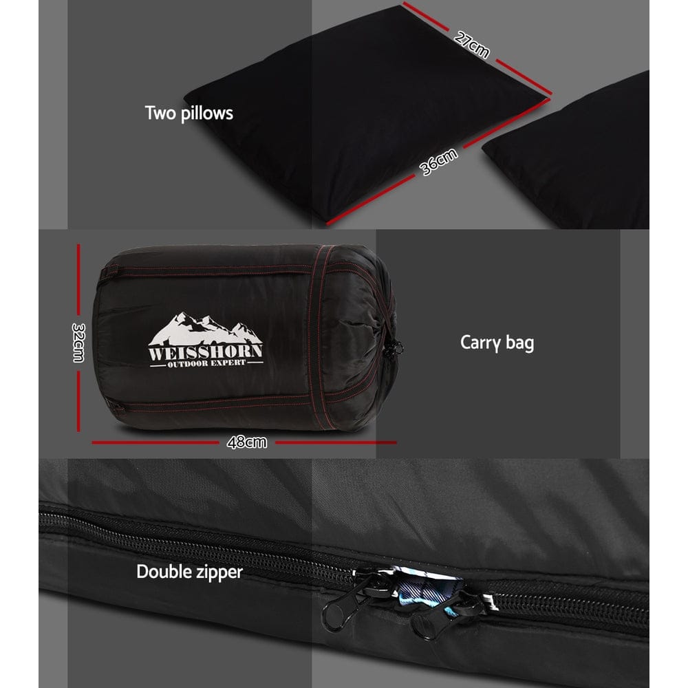 Weisshorn Sleeping Bag Double Pillow Thermal Camping Hiking Tent Grey - 10°C - SportZone.co.nz
